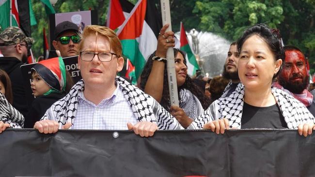 NSW government frontbencher Anthony D'Adam and Greens MP Jenny Leong leading a pro-Palestinian protest march in Sydney on Sunday.