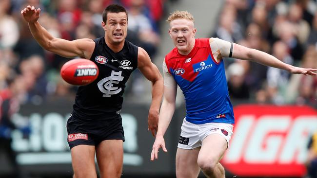 Jack Silvagni had Clayton Oliver’s measure in the first half. Picture: AFL Photos/Getty Images