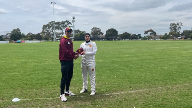 Sunshine Heights president Walter Saldanha presenting international cricketer Maryam Omar with her cap on debut. (Picture: Supplied)