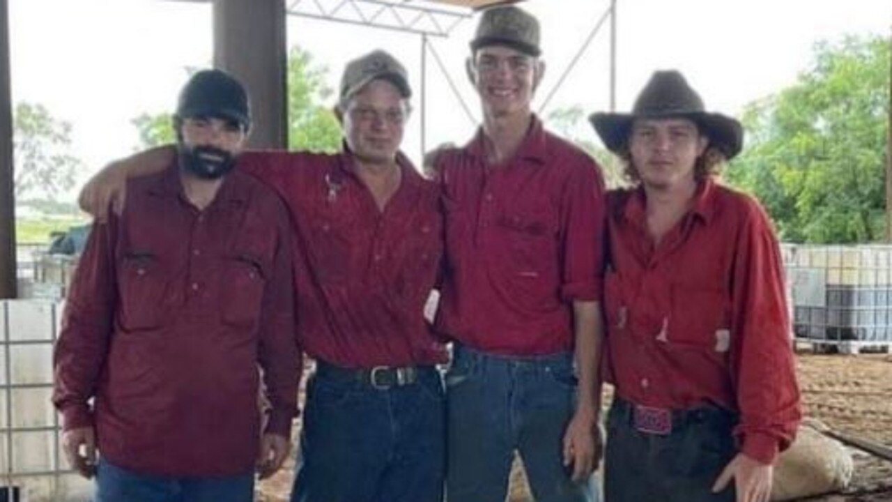 Ethan Durnsford (far right) with workmates at Strathmore Station in the Gulf of Carpentaria. Picture: Supplied