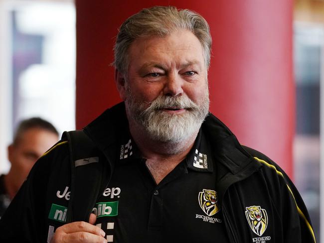 Richmond Tigers Football Manager Neil Balme speaks to media during the opening day of the AFL trade period as club representatives begin trade discussions in Melbourne, Monday, October 7, 2019. (AAP Image/Michael Dodge) NO ARCHIVING