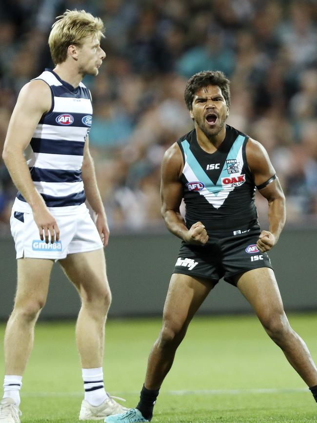 Jake Neade, celebrating a goal during Port’s clash with Geelong this year, will feature with North Adelaide next SANFL season. Picture: Sarah Reed