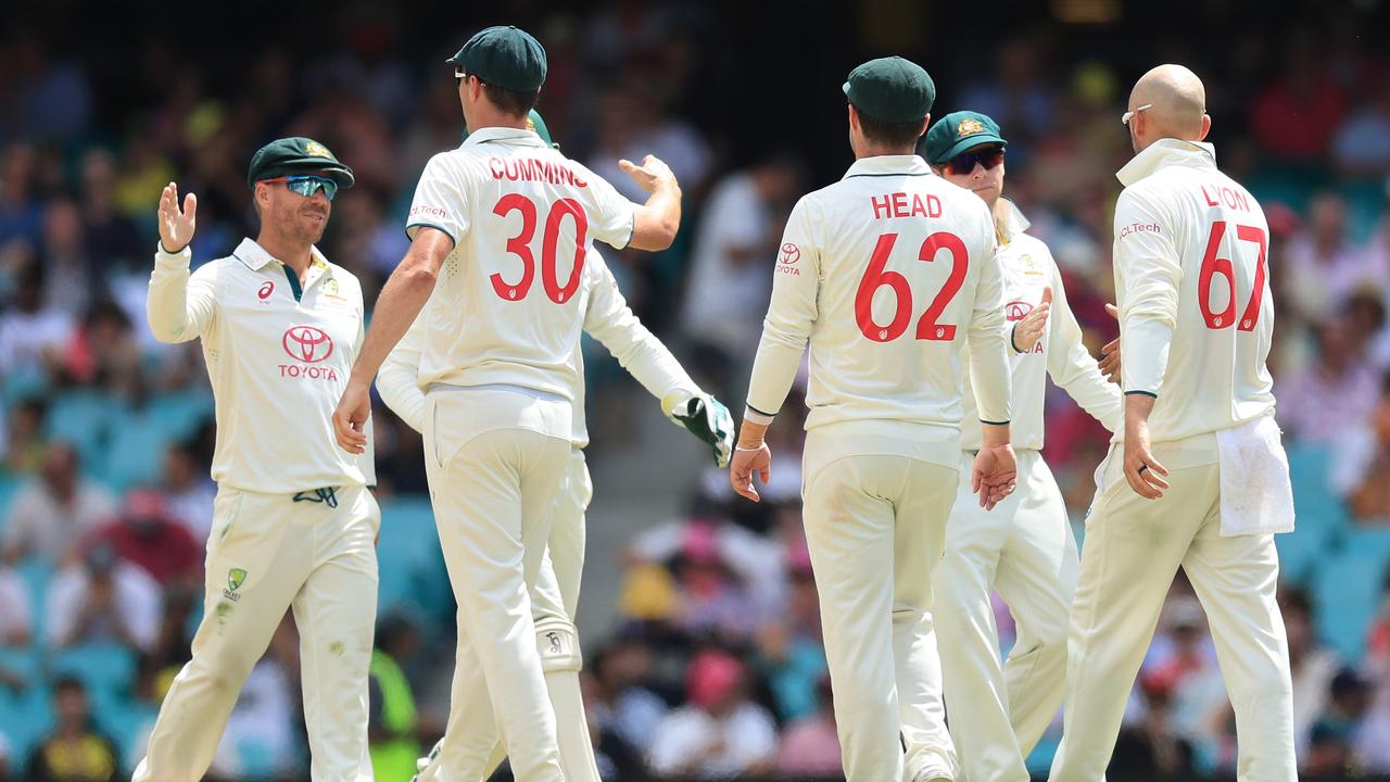 Australia celebrates the wicket of Mohammad Rizwan. Picture: Getty