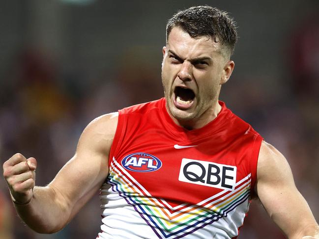 Sydney's Tom Papley celebrates kicking a goal  during the AFL Round 13 Pride Game match between the  Sydney Swans and St. Kilda Saints at the SCG on June 8, 2023. Photo by Phil Hillyard(Image Supplied for Editorial Use only - **NO ON SALES** - Â©Phil Hillyard )