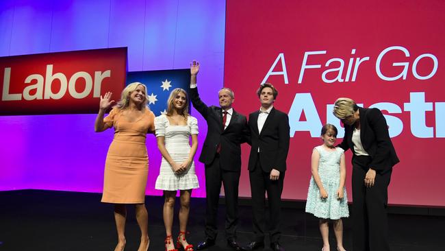 Australian Opposition leader Bill Shorten together with his wife Chloe, son Rupert, and daughters Georgette and Clementine is seen after his speech during day one of the Labor Party National Conference in Adelaide, Sunday, December 16, 2018. Labor's 48th National Conference will be held from December 16-18, 2018 at the Adelaide Convention Centre. (AAP Image/Lukas Coch) NO ARCHIVING