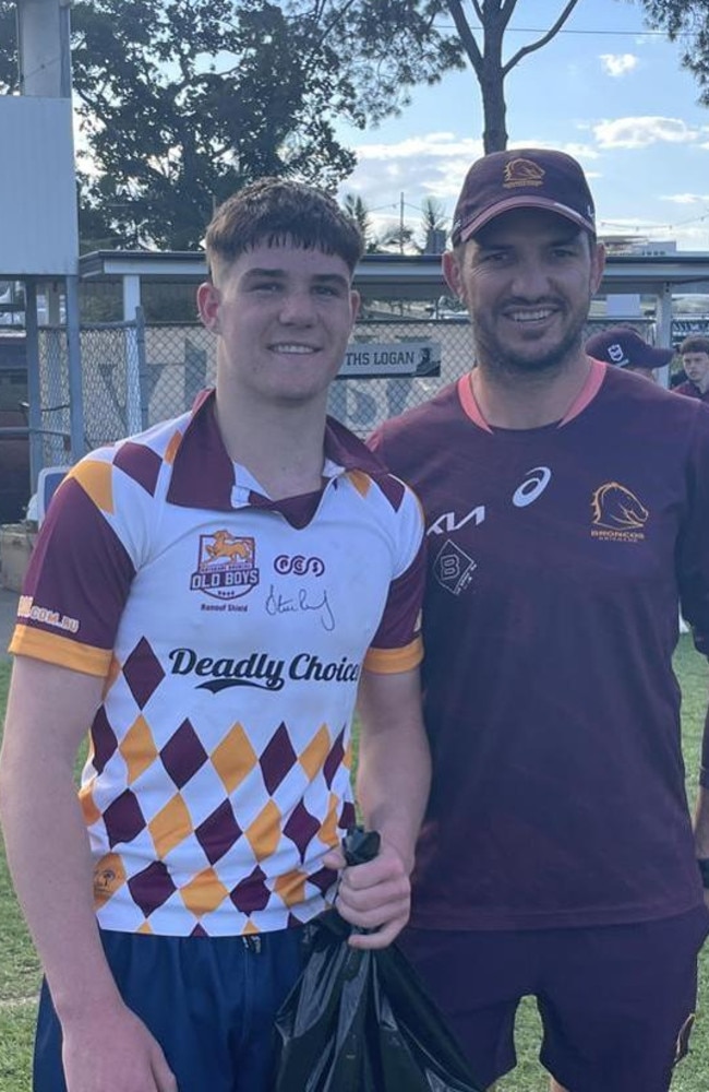 Ipswich SHS Year 9 student Baxter Best with former Broncos champion Matt Gillett.