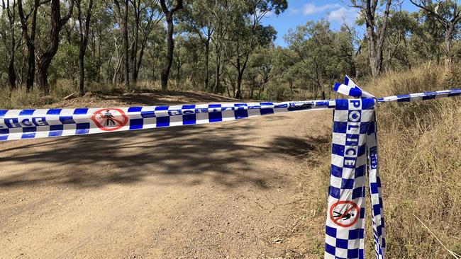 Picture of police tape sealing off Shannonvale Rd about 3km from crime scene where Mervyn and Maree Schwarz along with Graham Tighe were shot and killed at Bogie.