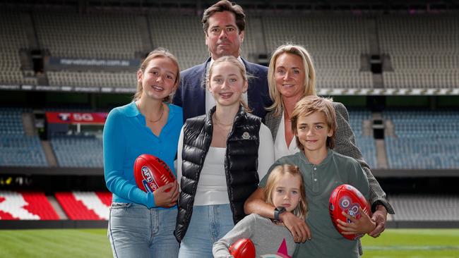 Gillon McLachlan and wife Laura with their children Sydney, Edie, Cleo and Luna. Picture: Getty Images