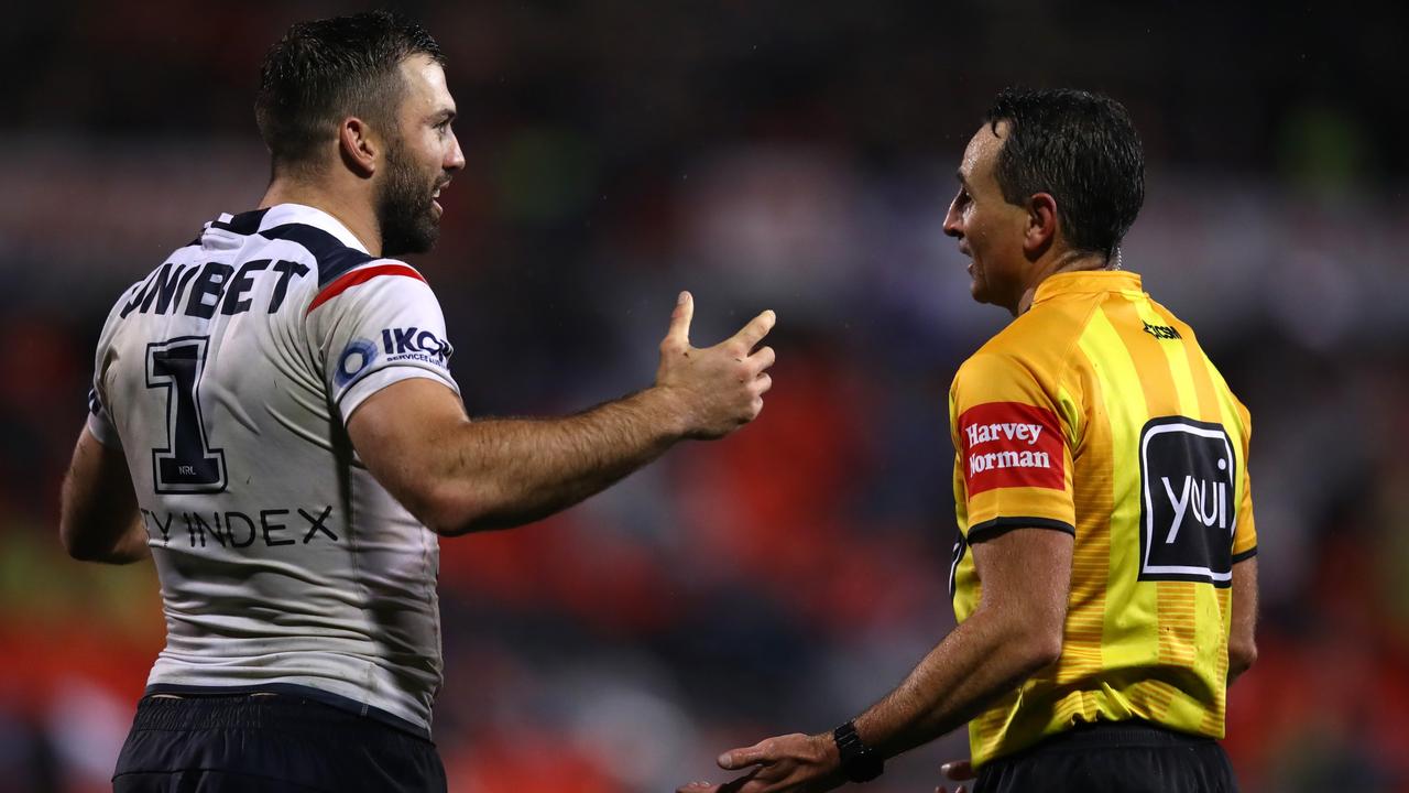 James Tedesco pleads with referee Gerard Sutton on Friday night. Picture: Jason McCawley/Getty