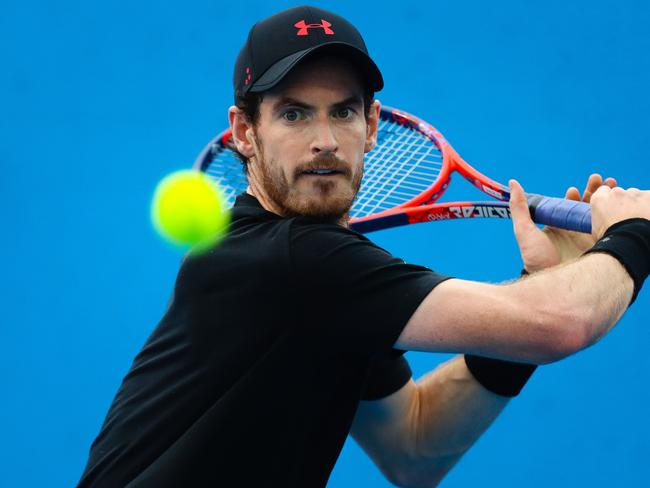 Andy Murray hits a return during training for his first round men's singles match at the Brisbane International tennis tournament. Picture: AFP