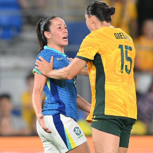 Gielnik (right) says Brazil’s physicality in their two friendlies should help the Matildas ‘assert dominance’ over their next opponent, Chinese Taipei. Picture: Matt Roberts / Getty Images