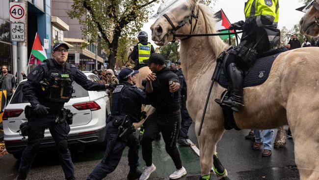 Pro-Palestine activists clash with members of Victoria Police as a "Never Again is Now" pro-Israel rally occurred. (Photo by Diego Fedele/Getty Images)