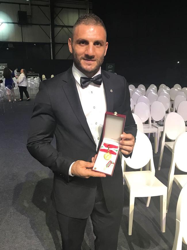 Robbie Farah after being presented with a medal in Lebanon last week.