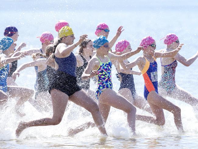 Year 7 Individuals start the Schools Triathlon Challenge at Bellerive.  Picture: Chris Kidd