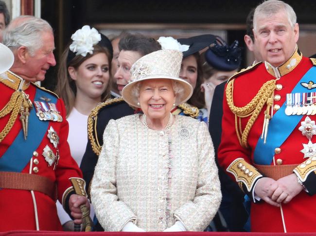 LONDON, ENGLAND - JUNE 08: Prince Charles, Prince of Wales, Princess Beatrice, Princess Anne, Princess Royal, Queen Elizabeth II, Prince Andrew, Duke of York, Prince Harry, Duke of Sussex and Meghan, Duchess of Sussex during Trooping The Colour, the Queen's annual birthday parade, on June 08, 2019 in London, England. (Photo by Chris Jackson/Getty Images)