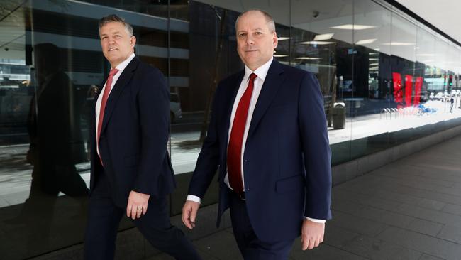 Westpac incoming CEO Anthony Miller, left, with outgoing CEO Peter King who has led the big four bank for the last five years. Picture: Jane Dempster