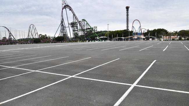 The empty car park at Movie World pictured when it was closed after the outbreak of Covid-19. AAP Image/Darren England.