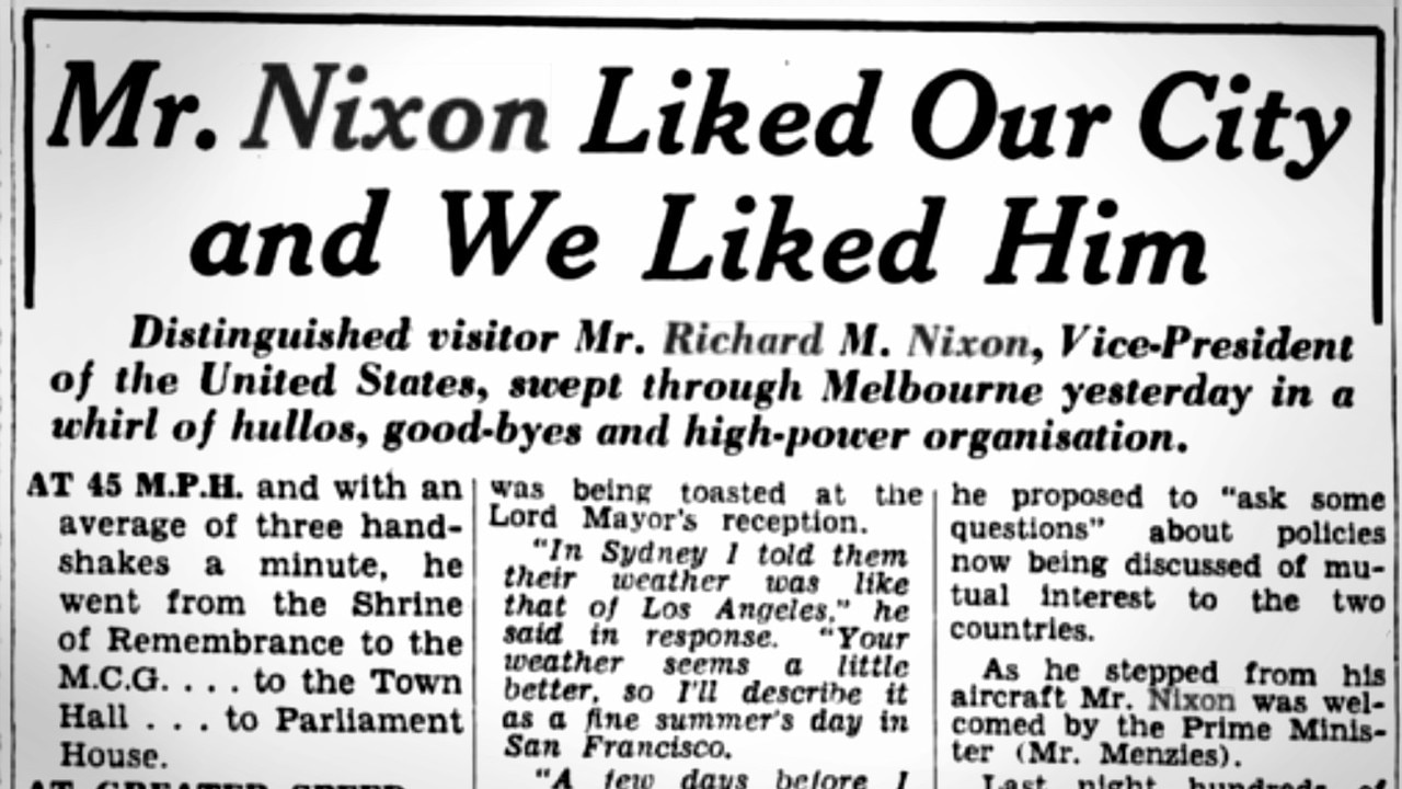 A 1953 newspaper article about Nixon’s whirlwind trip to Melbourne. Picture: Trove