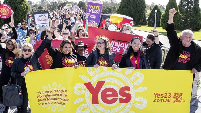 Alison Overeem, Jade Ritchie, Marta Hodul- Lenton, Lee Archer and Rodney Dillon during the Hobart Walk for Yes rally on September 17, 2023. Picture: Chris Kidd