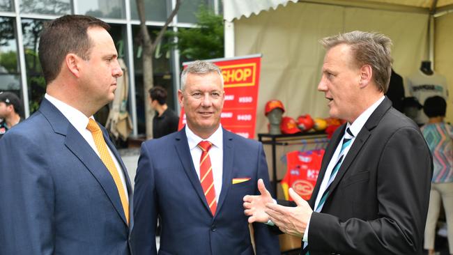 Port Adelaide Power CEO Keith Thomas, right, with Australian Minister for Trade, Tourism and Investment Steven Ciobo and Gold Coast Suns CEO Mark Evans in Shanghai, China this week. Picture: AAP Image/David Mariuz                        <a capiid="b303e2e4fbddbc213b99c93b1faa1294" class="capi-video">Port song gets Chinese twist</a>