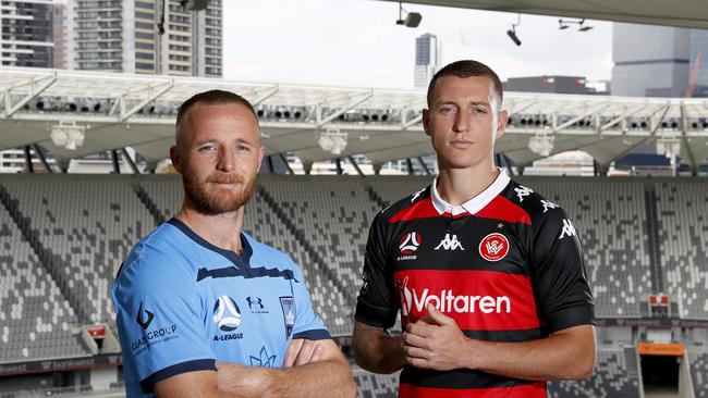 Sydney FC’s Rhyan Grant and former Western Sydney Wanderers star Mitchell Duke, who now plays his club football in Japan, are both in the Socceroos squad. Picture: Toby Zerna