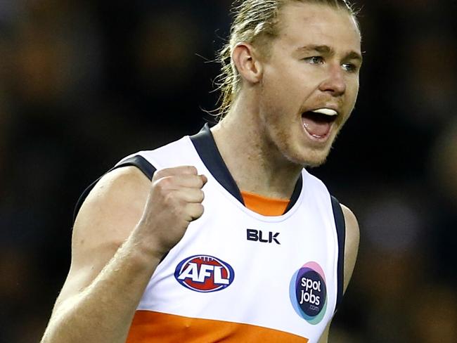 AFL Round 7. Carlton vs Greater Western Sydney at Etihad Stadium. Cam McCarthy celebrates a 3rd qtr goal . Pic: Michael Klein. Saturday May 16, 2015.