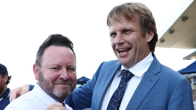 Darby Racing owner Scott Darby and Bjorn Baker celebrating Iowna Merc’s win in the Ajax Stakes in March. Picture: Jeremy Ng/Getty Images