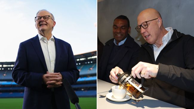 Dutton kicks off election day with a cup of tea, Albanese in TV blitz