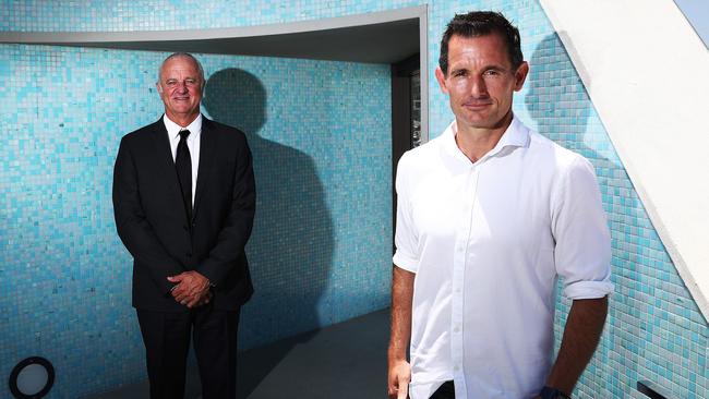 Socceroos coach Graham Arnold (left) with team’s head of sports science Andrew Clark. Picture. Phil Hillyard