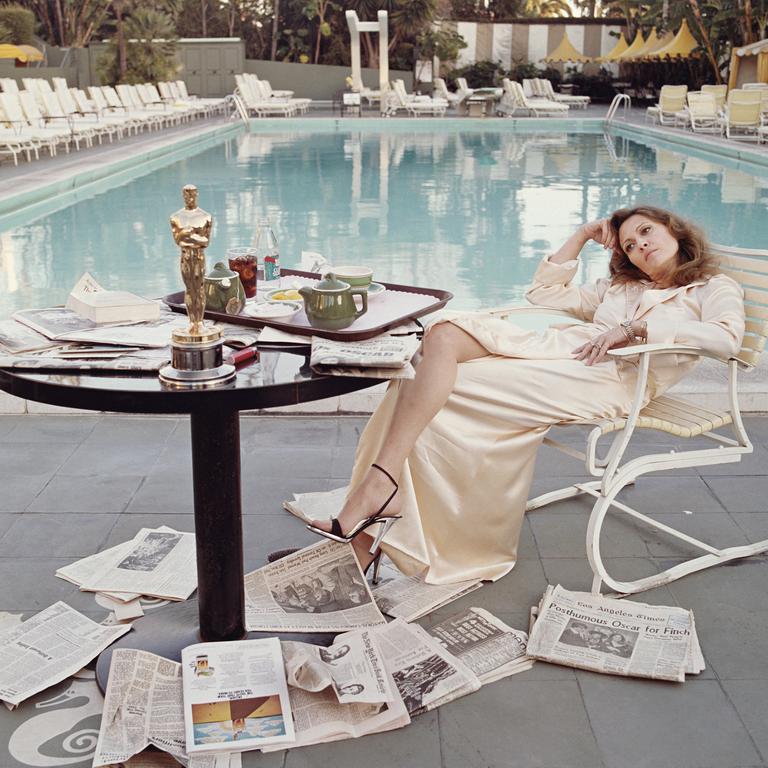 This photo of the actress in 1977 at the Beverly Hills Hotel the morning after winning the Best Actress Oscar for Network is also the doco’s cover art.