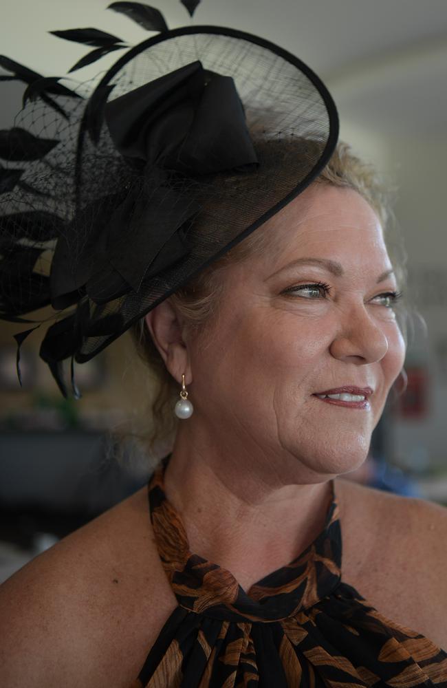 Kimberley Gilbert wears a Pilgrim dress, Paspaley pearls and a locally made fascinator. Picture: (A)manda Parkinson