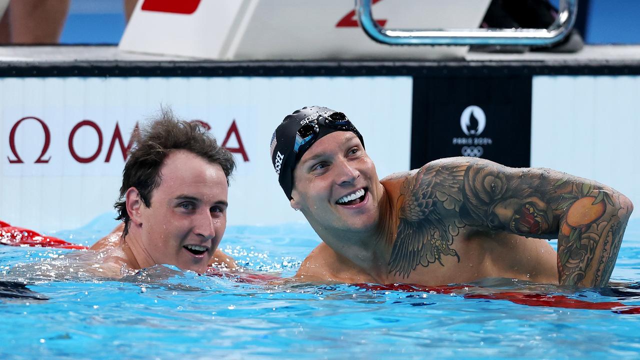 Cameron McEvoy celebrates his big moment with Caeleb Dressel. Photo by Maddie Meyer/Getty Images.