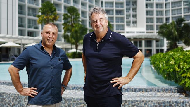 Ghassan Aboud Group chairman Ghassan Aboud, pictured with Crystalbrook CEO Geoff York at his first Australian hotel, Crystalbrook Riley, is running out of patience with the Cairns Regional Council and the state government after years of broken promises. Picture: Brendan Radke