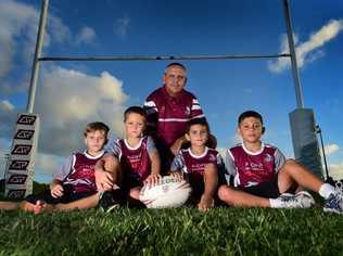 Kawana's junior rugby league club players (left) Cooper Leitch, Keagan Zanchetta, Tommy Walker, Ryan Krome with coach Mick Buckley, are united in the wake of the recent NRL drug crisis. Photo: Iain Curry / Sunshine Coast Daily. Picture: Iain Curry