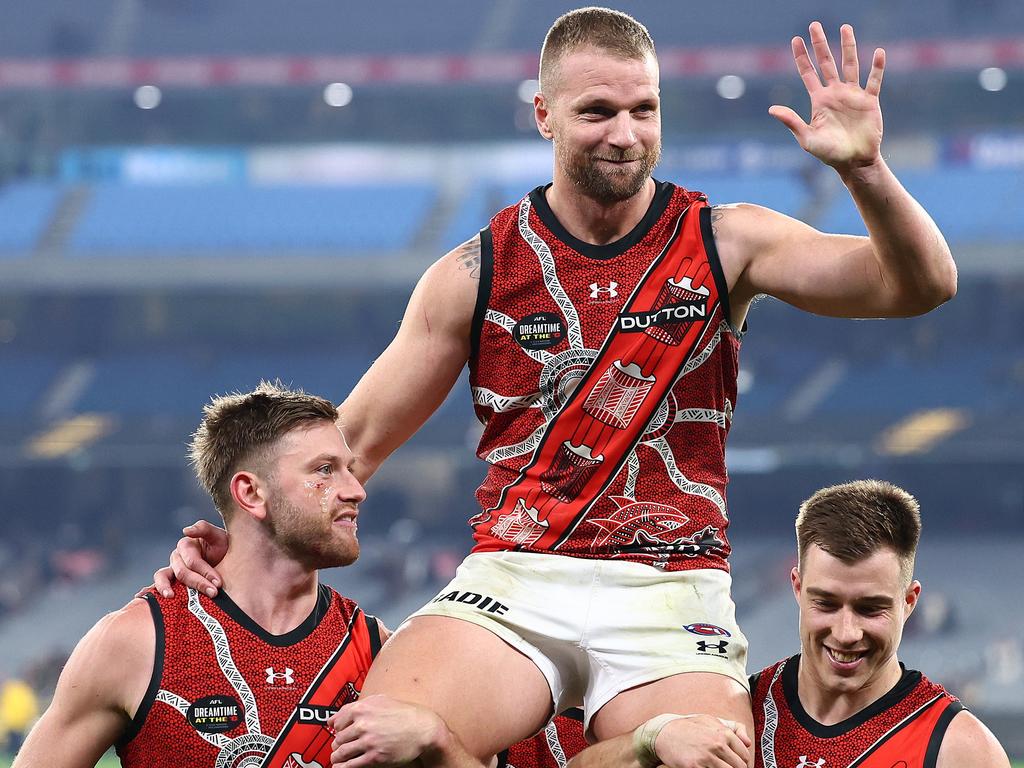 Jake Stringer is chaired off after his 200th game. Picture: Quinn Rooney/Getty Images