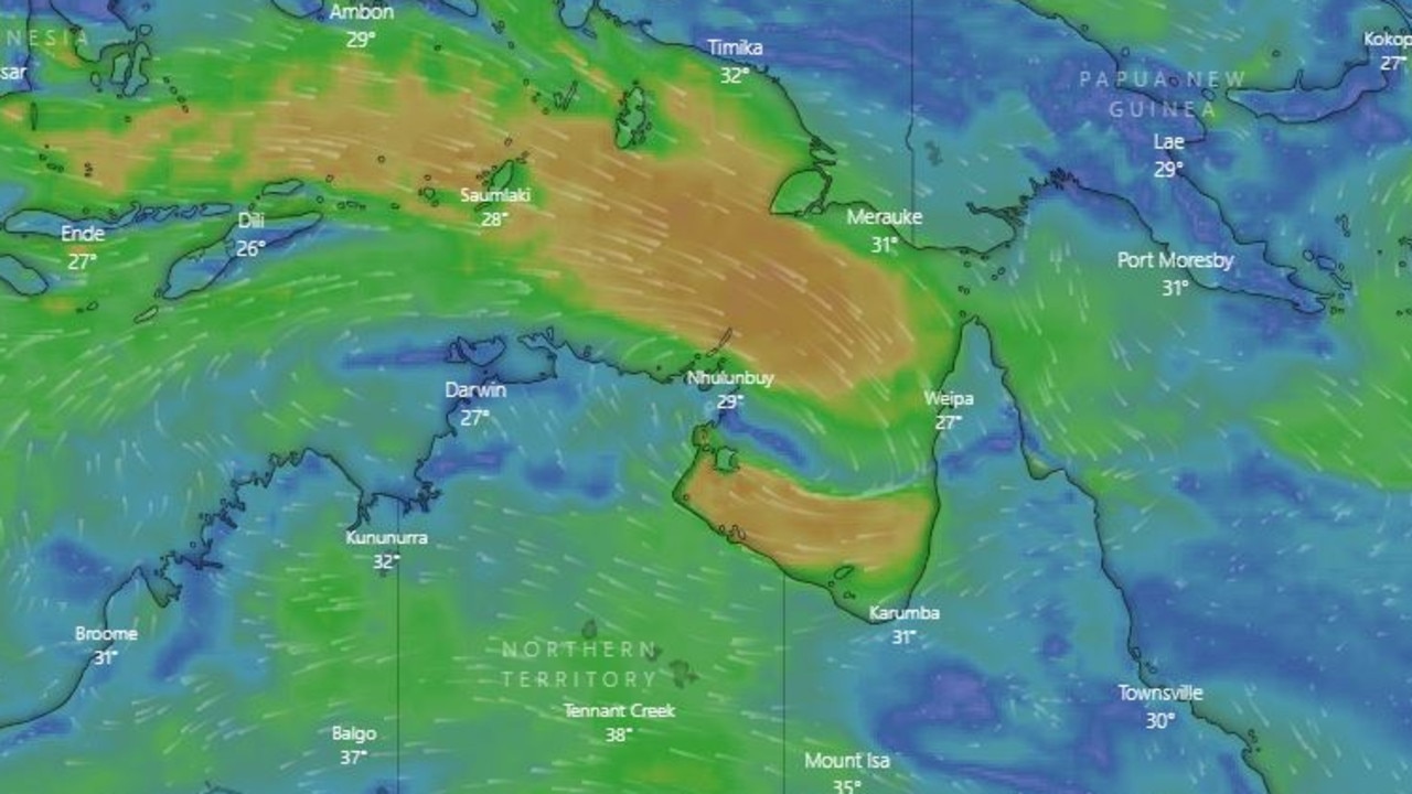 The NT can expect gales with gusts up to 90km/h developing from Cape Shield to Port McArthur early in the week. Picture: Windy.com