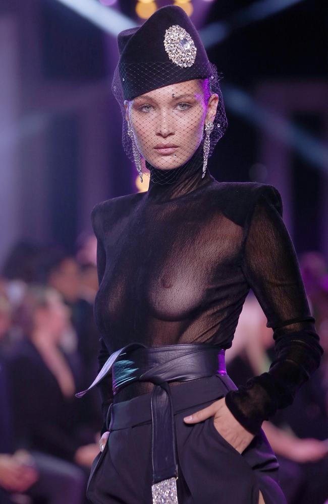 US model Bella Hadid left little to the imagination on the runway. Picture: Thierry Chesnot/Getty Images.