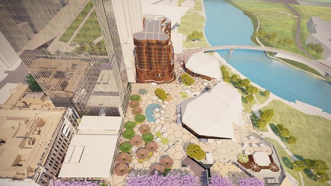 The new Festival Plaza and towers as seen from above in an artist’s concept.