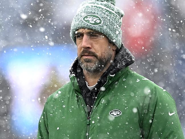 FOXBOROUGH, MASSACHUSETTS - JANUARY 07: Aaron Rodgers #8 of the New York Jets looks on before a game against the New England Patriots at Gillette Stadium on January 07, 2024 in Foxborough, Massachusetts. (Photo by Billie Weiss/Getty Images)