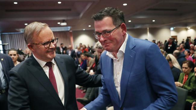 Anthony Albanese and Victorian Premier Daniel Andrews at the conference. Picture: NCA NewsWire / David Crosling