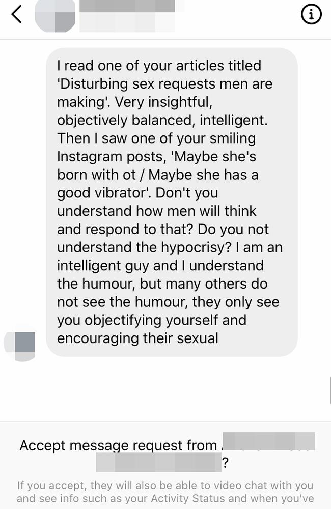 This message sent to Nadia hit a little differently to the abuse she regularly receives from men. Picture: Supplied/NadiaBokody