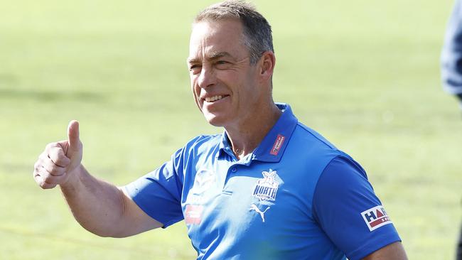 MELBOURNE, AUSTRALIA - AUGUST 19: Alastair Clarkson give the thumbs up to fans after a North Melbourne Kangaroos AFL Media Opportunity at Arden Street Ground on August 19, 2022 in Melbourne, Australia. Clarkson has agreed to coach the North Melbourne Football Club for the next five seasons, officially beginning on November 1, 2022. (Photo by Darrian Traynor/Getty Images)