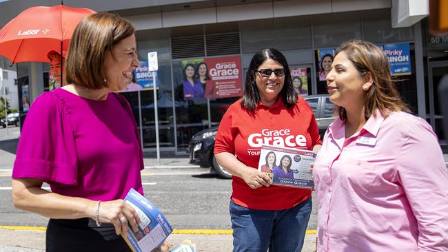 Queensland LNP opposition leader Deb Frecklington visits LNP candidate Pinky Singh at a pre polling booth in Fortitude Valley in the seat of McConnell. Labor MP Grace Grace was there at the same time. Picture: NCA NewsWire / Sarah Marshall