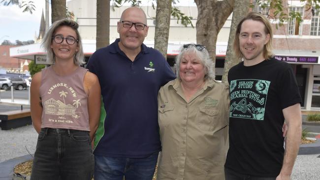 From left: Lismore designer Kate Stroud, Lismore Mayor Steve Krieg, Friends of the Koala's Jen Ridolfi, and Lismore screen printer Nick Cain.