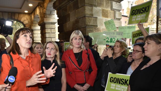 State education ministers, including SA’s Susan Close, left, ahead of a meeting with federal education minister Simon Birmingham in May. Picture: AAP/David Mariuz