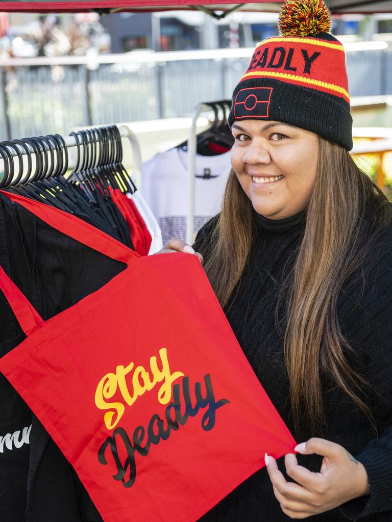 Kaylah Weatherall on her Tiddas and Co and Creations by Kay Rose stall at the NAIDOC arts and craft market at Grand Central, Saturday, July 9, 2022. Picture: Kevin Farmer