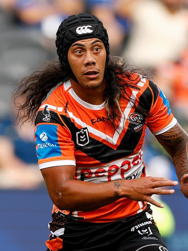 Jarome Luai is playing halfback for the Tigers. (Photo by Darrian Traynor/Getty Images)