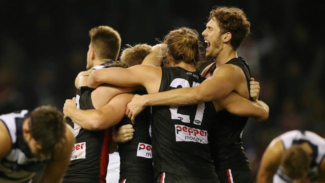 AFL Round 14: St Kilda v Geelong St Kilda celebrate the win Picture: Wayne Ludbey