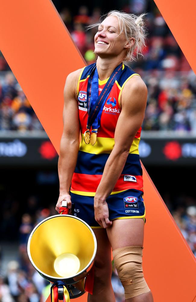 Crows co-captain Erin Phillips with the cup after the win at Adelaide Oval. Picture: Mark Brake/Getty 