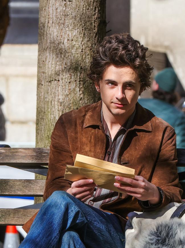 Timothee Chalamet on the set of A Complete Unknown, the Bob Dylan biopic. Picture: MEGA/GC Images